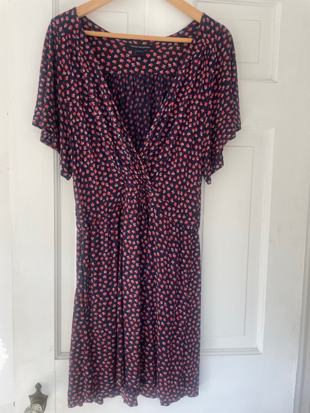 French Connection Navy Midi Dress with orange and gray Print